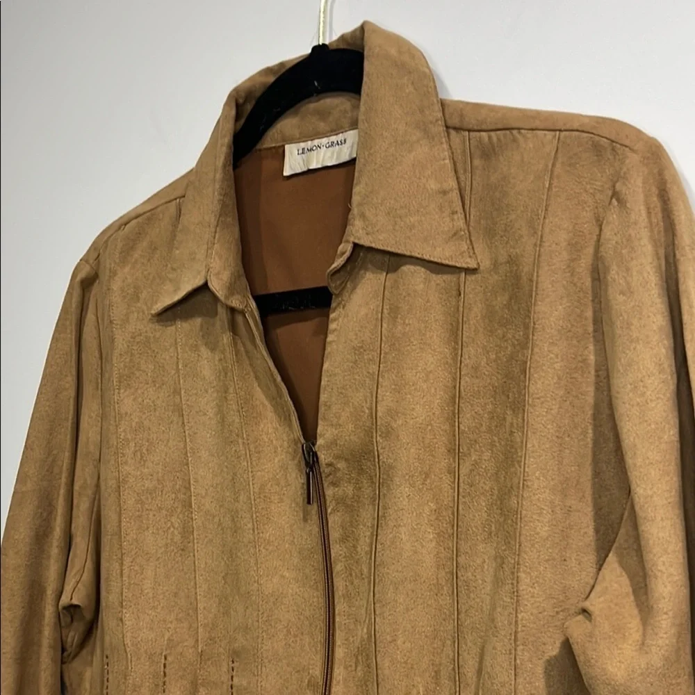 Lemon Grass zip front pin tuck faux suede blouse size Large soft and light